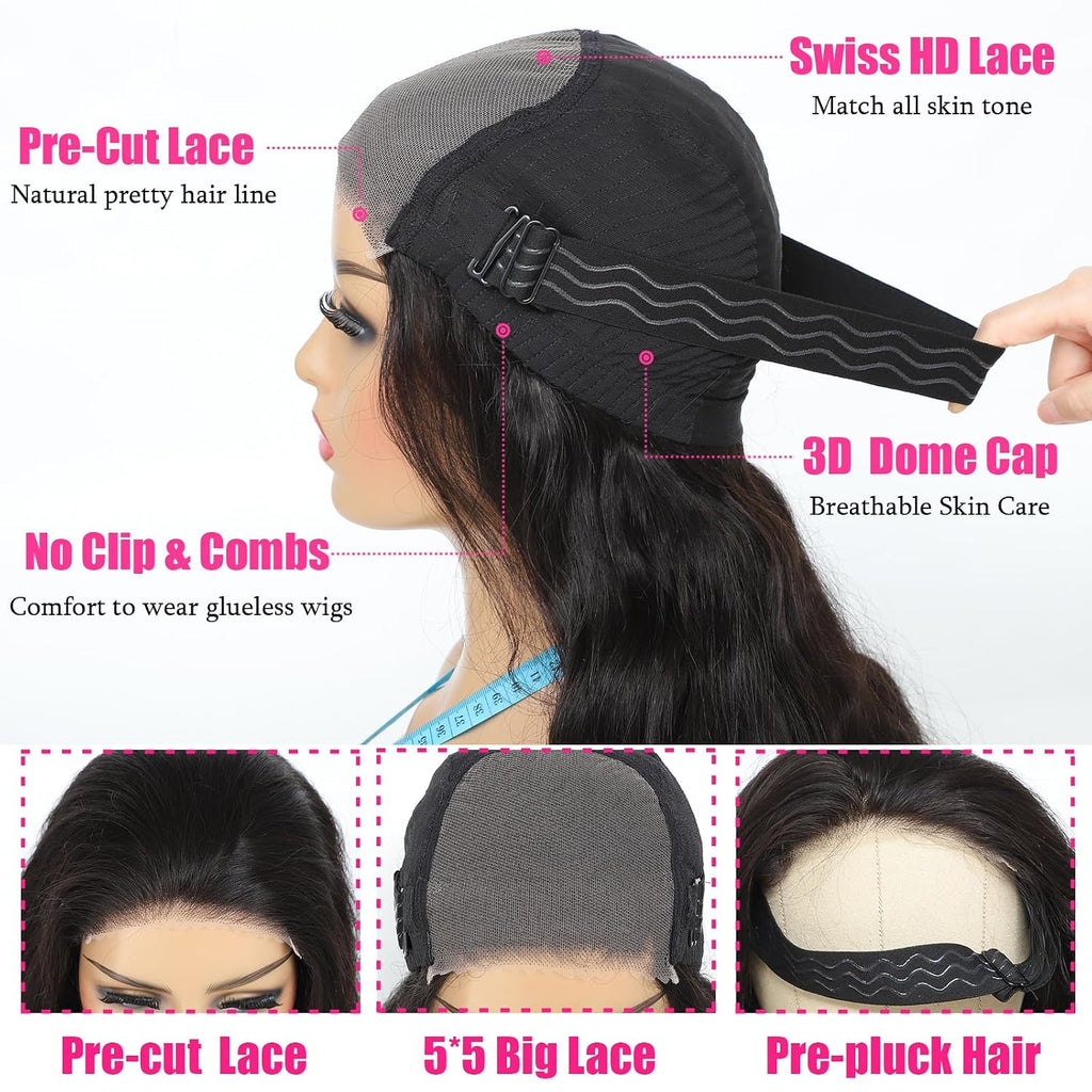 28 Inch Wear and Go Glueless Wigs Human Hair Pre Plukced Pre Cut 5X5 Hd Lace Closure Wigs Human Hair for Women 180% Density Ready to Wear Glueless Body Wave Lace Front Wigs No Glue Wigs