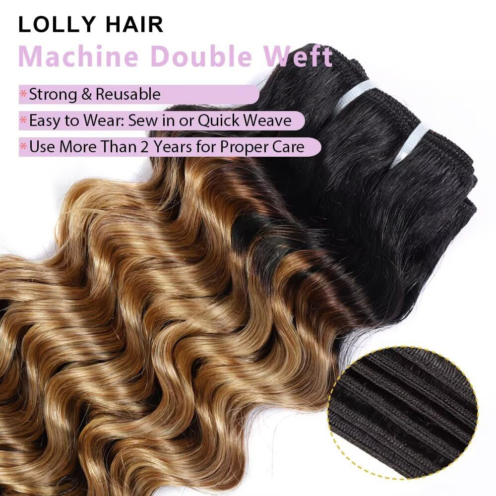 Deep Wave Human Hair Bundles Ombre Honey Blonde Bundles Human Hair 28 Inch T1B/27 Curly Bundles 10A Brazilian Virgin Wet and Wavy Human Hair Bundles Brown Water Wave Bundles 2 Tone Black to Blonde