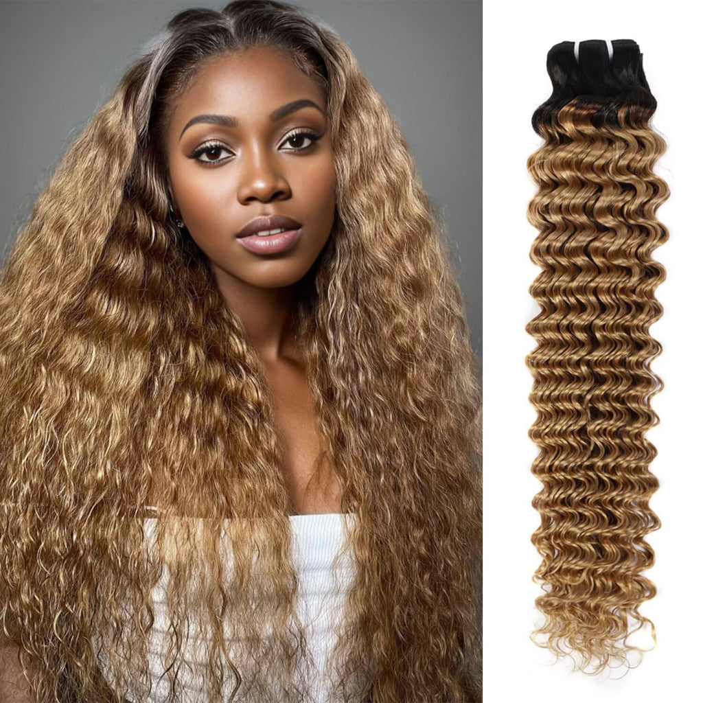 Deep Wave Human Hair Bundles Ombre Honey Blonde Bundles Human Hair 28 Inch T1B/27 Curly Bundles 10A Brazilian Virgin Wet and Wavy Human Hair Bundles Brown Water Wave Bundles 2 Tone Black to Blonde