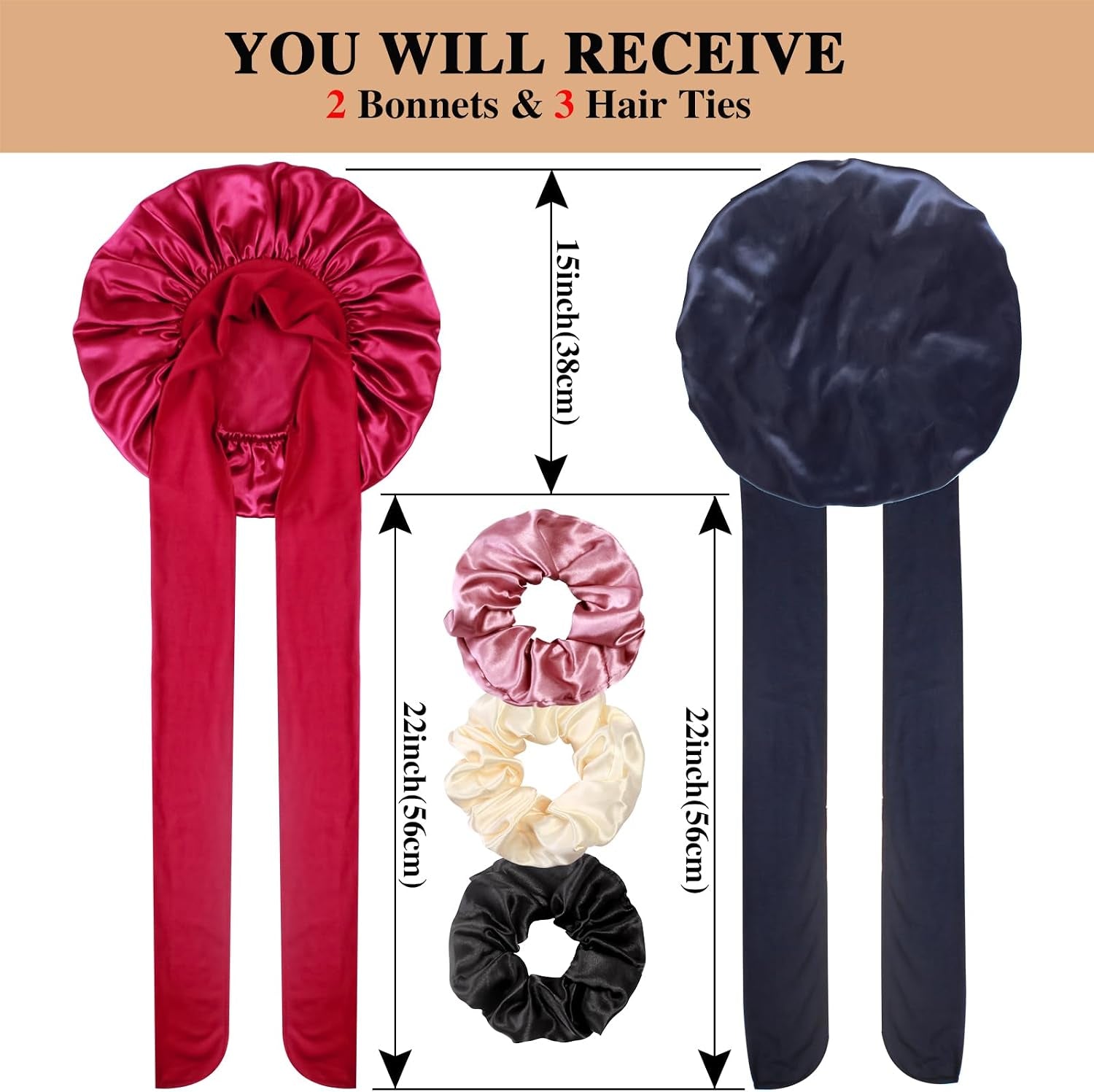 2+3 Large Satin Bonnets with Scrunchies for Women, Hair Bonnet Sleeping Tie Bonnet for Braids Curly Hair
