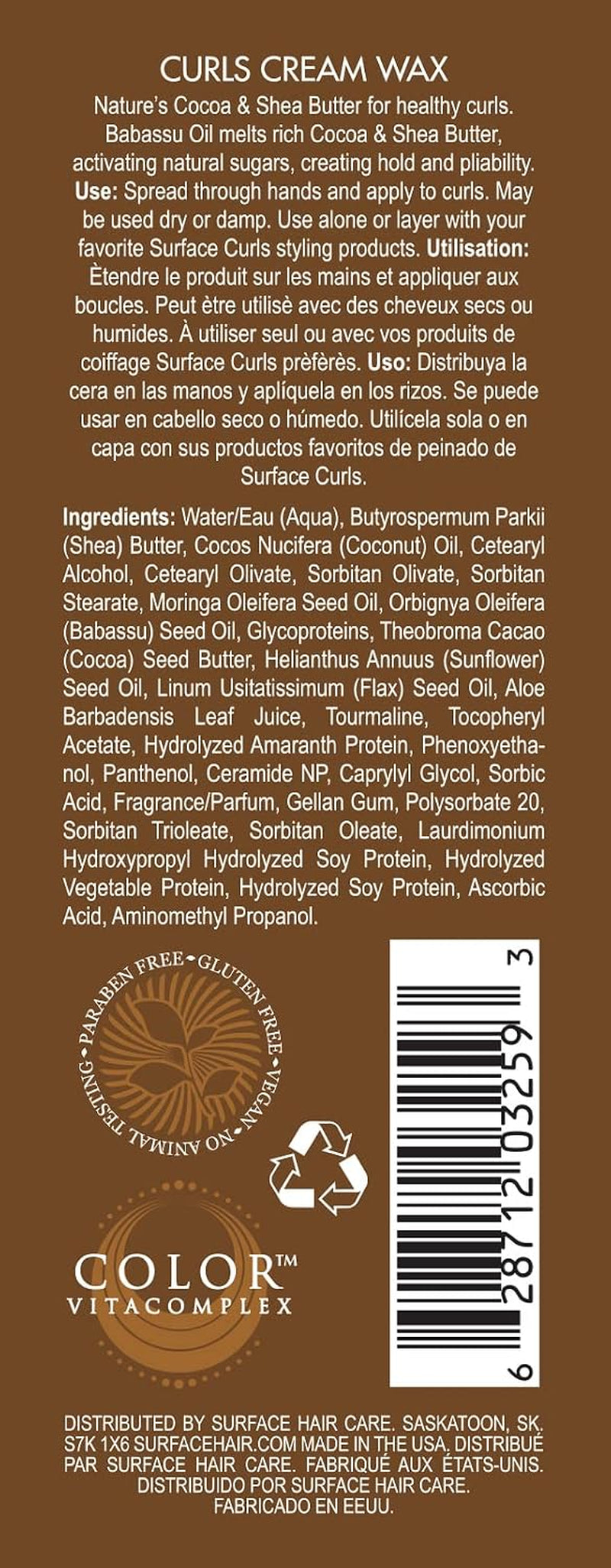 Surface Hair - Curls Cream Wax, Define and Add Shine and Texture to Curly Hair, with Cocoa and Shea Butter, 4 Fl. Oz.