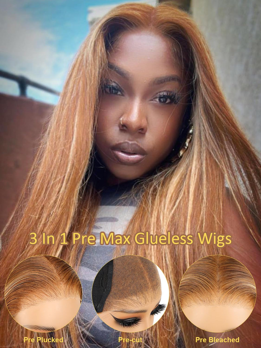 OQ Hair Glueless Wigs Human Hair Pre Plucked Pre Cut Highlight Straight 4/27 Lace Front Wigs for Women Honey Blonde 5X7 Wear and Go Glueless Wigs Human Hair 28Inch