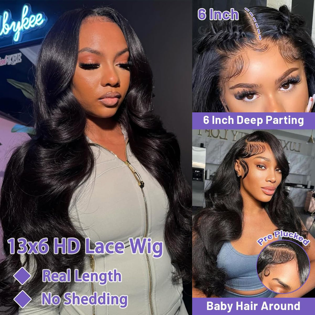 Body Wave Human Hair Wig 30 Inch 13X6 HD Lace Front Wigs Human Hair Pre Plucked Pre Bleached Frontal Wigs Black Glueless Wigs Human Hair for Women 210% Density