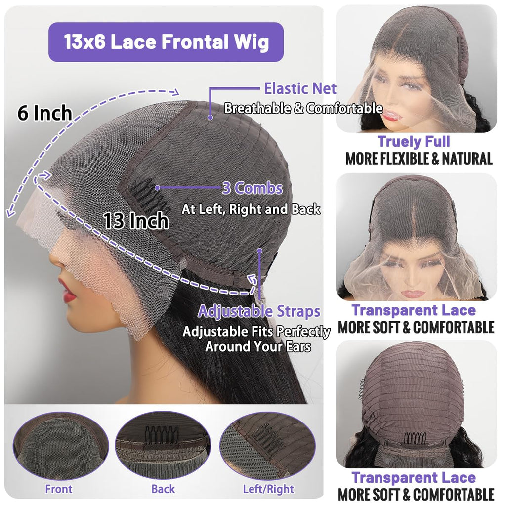 Body Wave Human Hair Wig 30 Inch 13X6 HD Lace Front Wigs Human Hair Pre Plucked Pre Bleached Frontal Wigs Black Glueless Wigs Human Hair for Women 210% Density