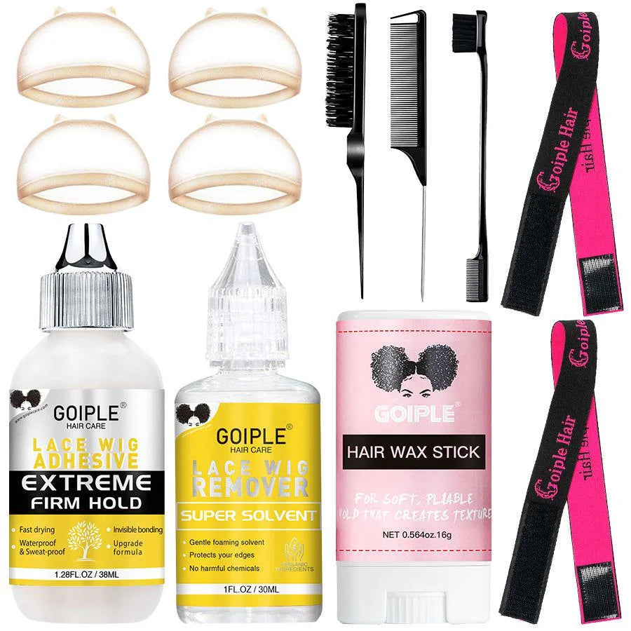 Lace Wig Install Kit with Melting Spray Lace Glue Remover Edge Control Wig Caps & Styling Tools for Beginners & Salon Use