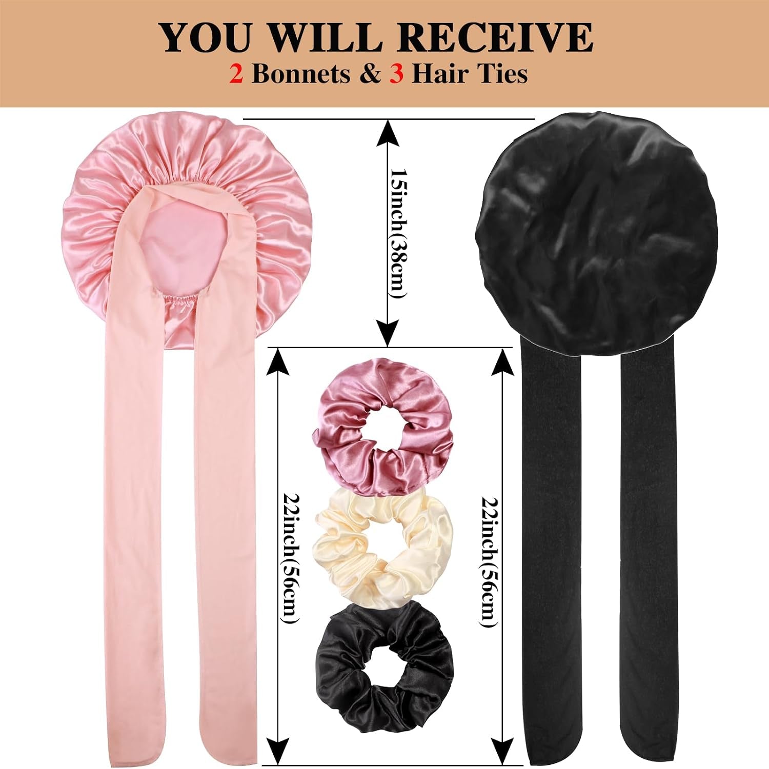 2+3 Large Satin Bonnets with Scrunchies for Women, Hair Bonnet Sleeping Tie Bonnet for Braids Curly Hair
