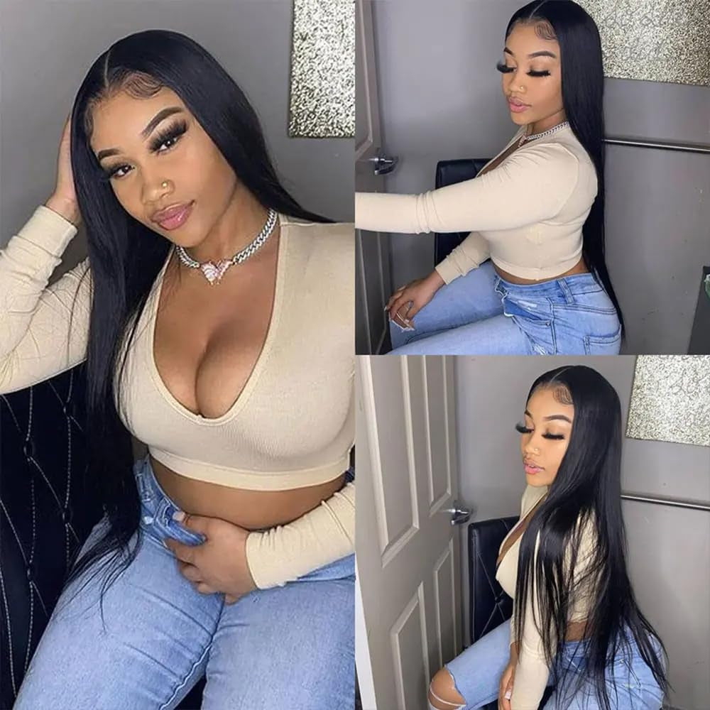 Black Straight Lace Front Wigs Clueless Human Hair Wigs Long Straight Wigs for Black Women(26 Inch)