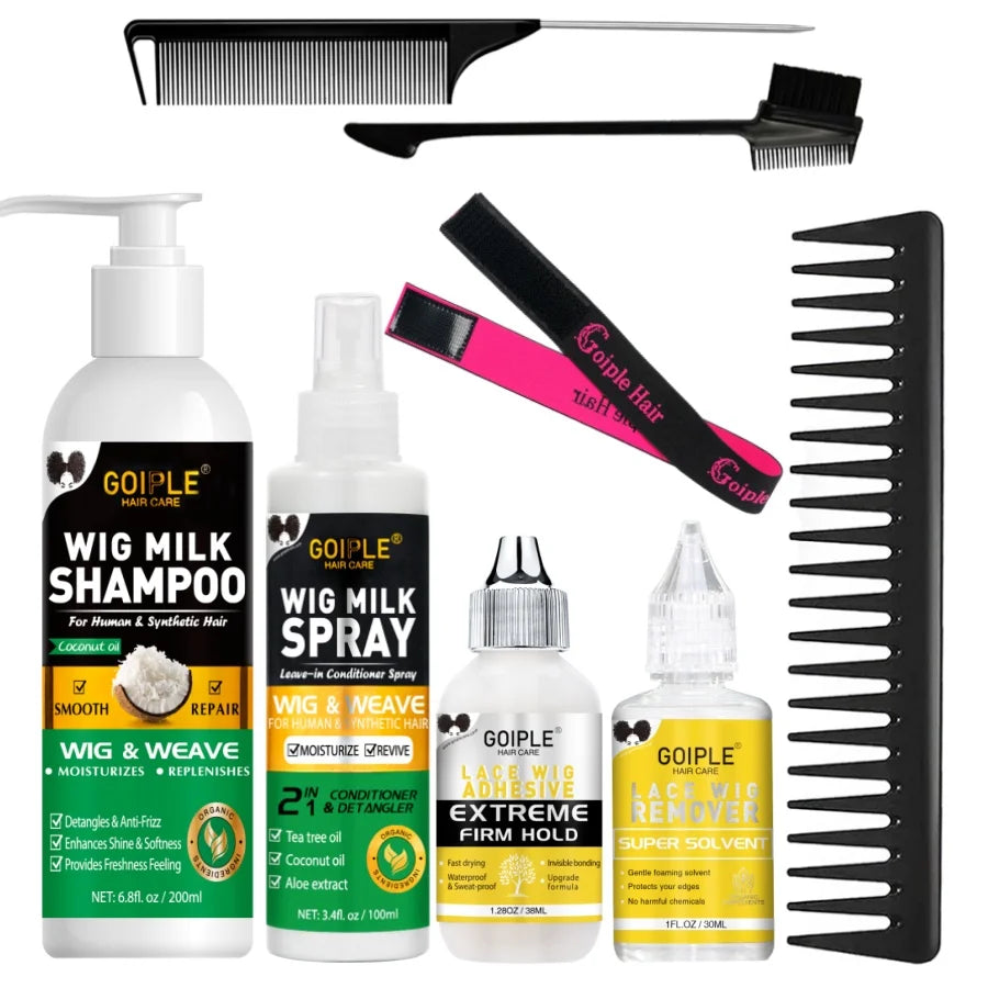 Wig Care Spray Kit Shampoo Cleaner for Synthetic Wig Care Solution Detangle Moisturize Leave-In Conditioner with Lace Front Glue