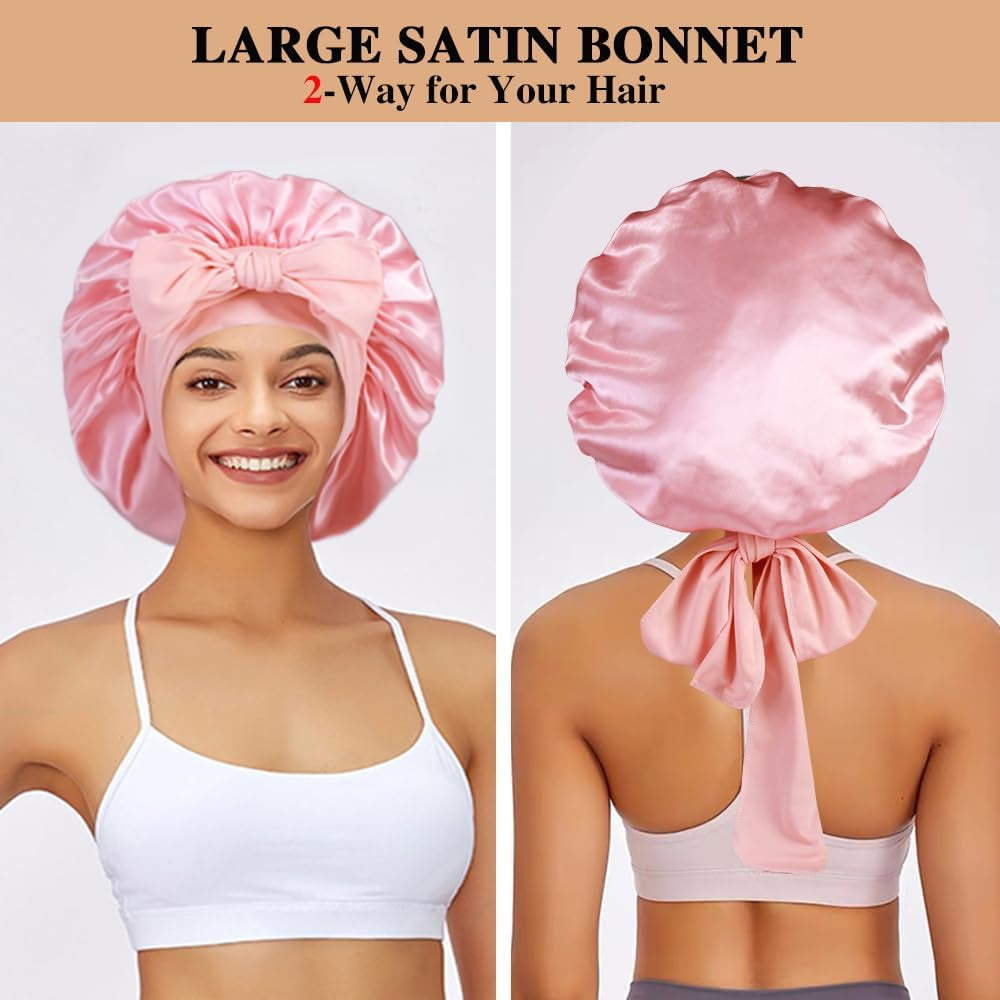 2+3 Large Satin Bonnets with Scrunchies for Women, Hair Bonnet Sleeping Tie Bonnet for Braids Curly Hair