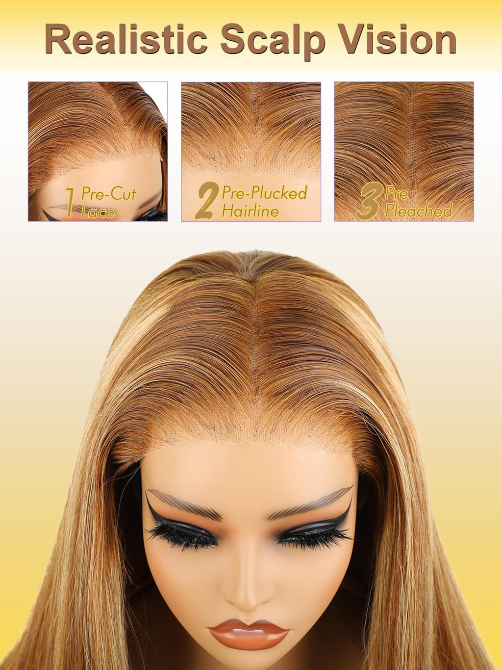 OQ Hair Glueless Wigs Human Hair Pre Plucked Pre Cut Highlight Straight 4/27 Lace Front Wigs for Women Honey Blonde 5X7 Wear and Go Glueless Wigs Human Hair 28Inch