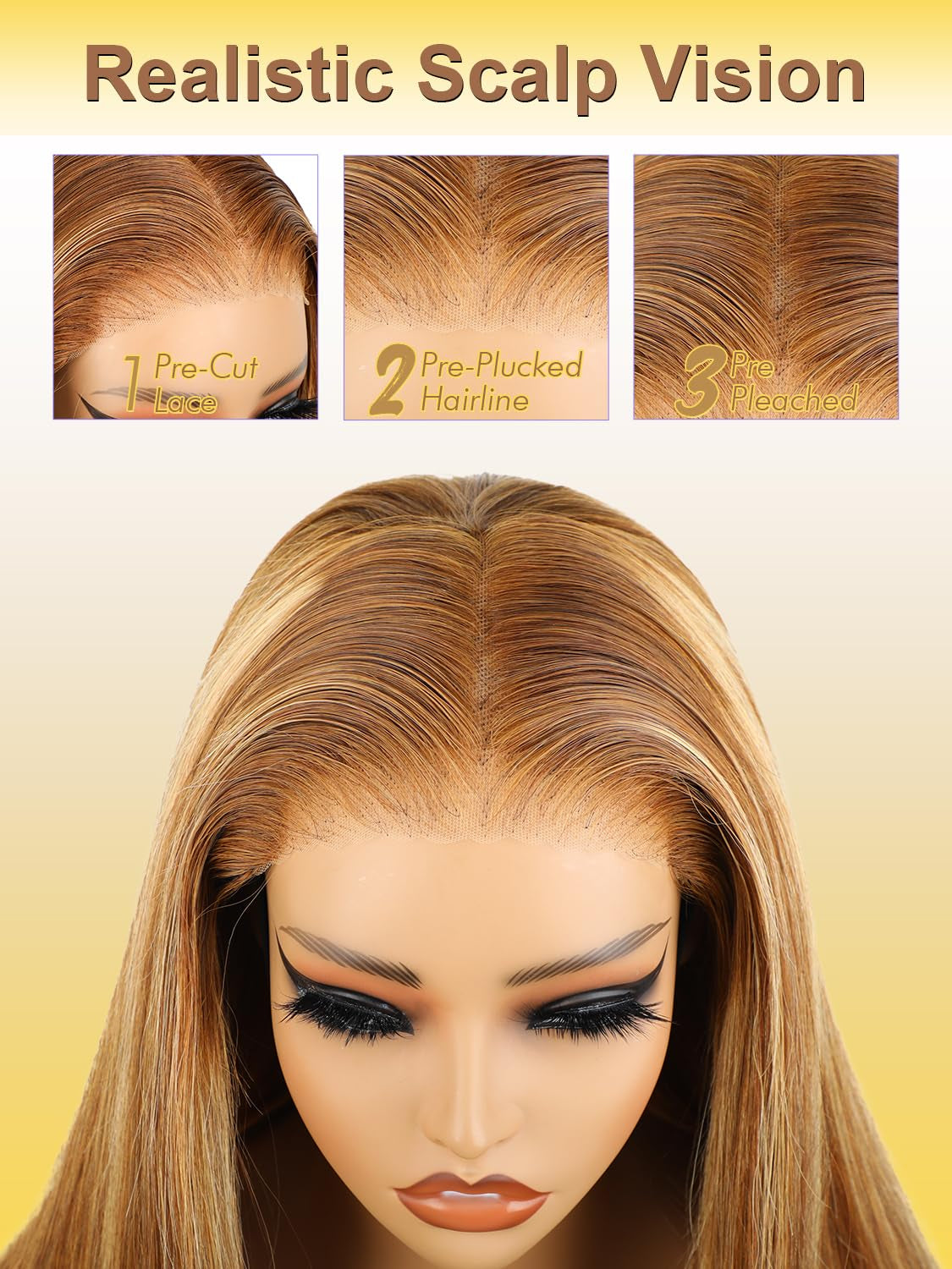 OQ Hair Glueless Wigs Human Hair Pre Plucked Pre Cut Highlight Straight 4/27 Lace Front Wigs for Women Honey Blonde 5X7 Wear and Go Glueless Wigs Human Hair 28Inch