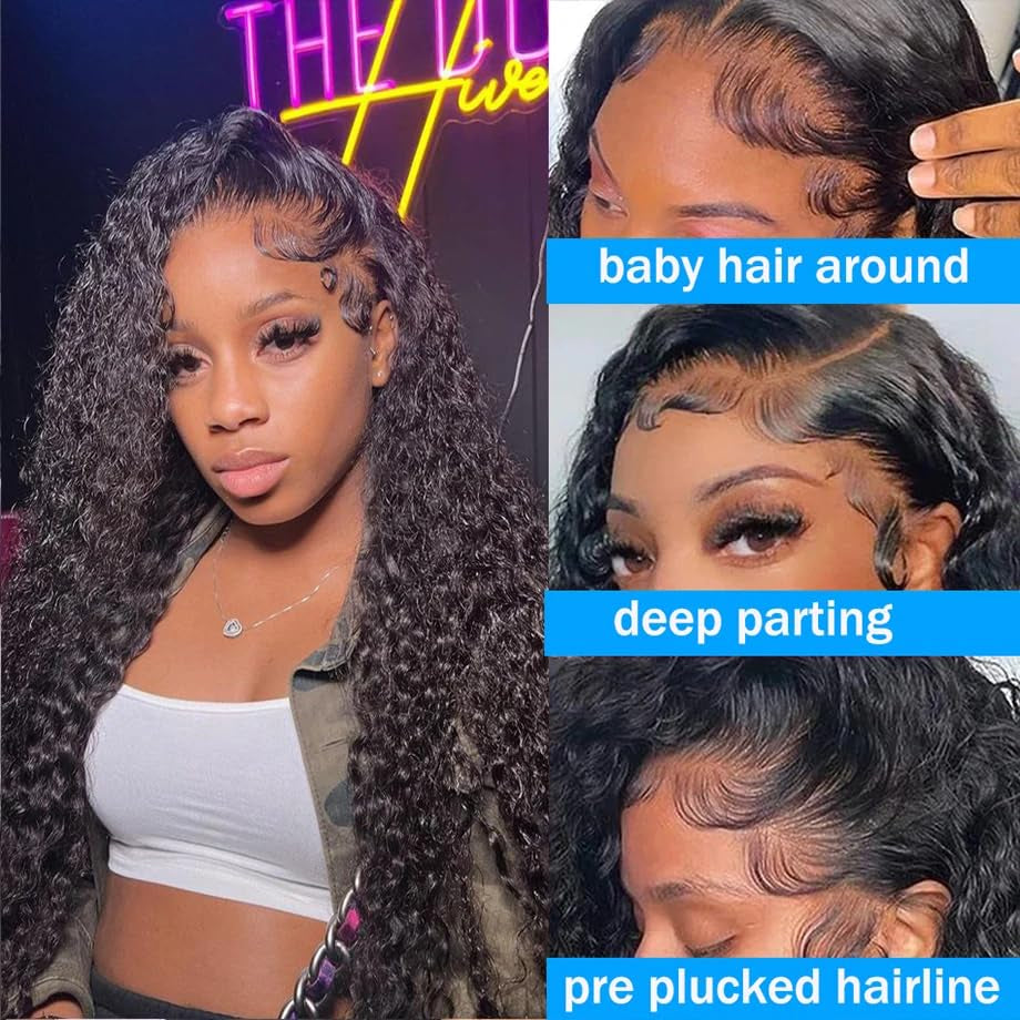 13X4 Pre Plucked Human Hair Deep Curl Real Ear to Ear Bleached Knots Glueless Water Wave Wigs with Baby Hair 28 Inch, Black