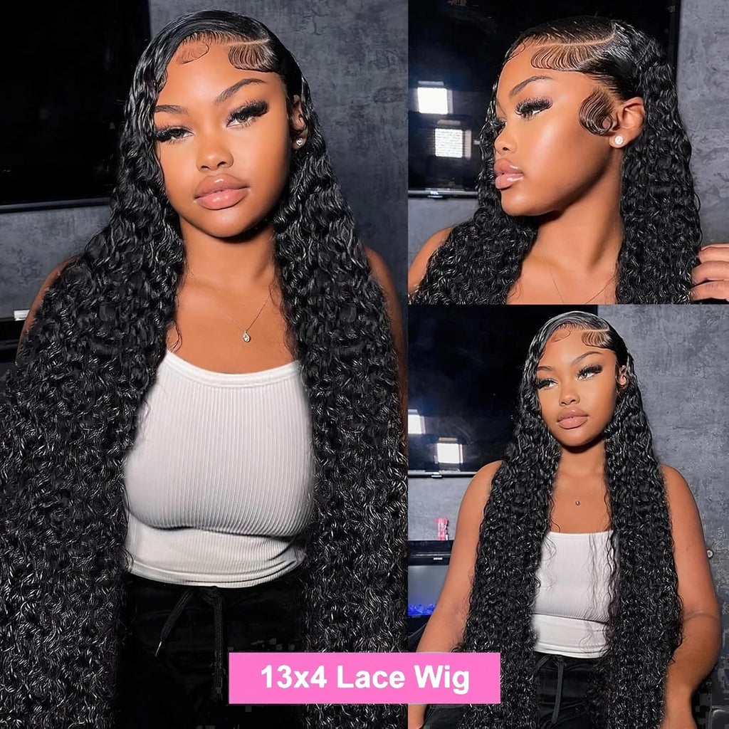 13X4 Pre Plucked Human Hair Deep Curl Real Ear to Ear Bleached Knots Glueless Water Wave Wigs with Baby Hair 28 Inch, Black