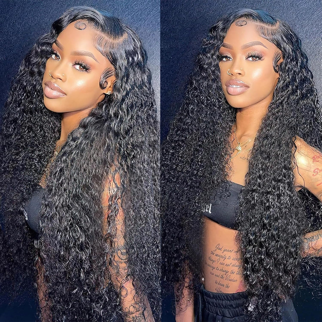 13X4 Pre Plucked Human Hair Deep Curl Real Ear to Ear Bleached Knots Glueless Water Wave Wigs with Baby Hair 28 Inch, Black