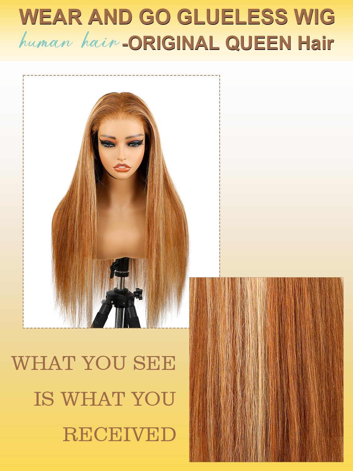 OQ Hair Glueless Wigs Human Hair Pre Plucked Pre Cut Highlight Straight 4/27 Lace Front Wigs for Women Honey Blonde 5X7 Wear and Go Glueless Wigs Human Hair 28Inch