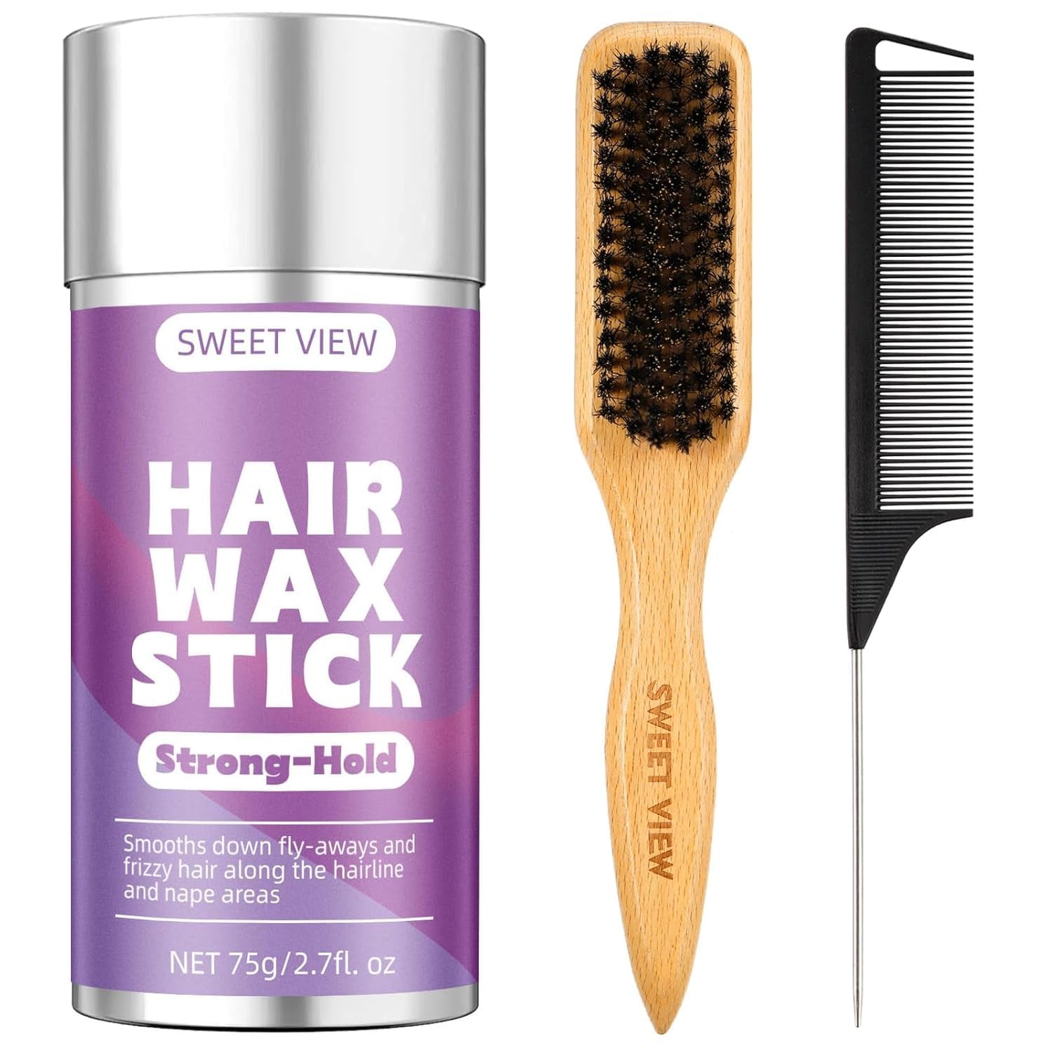 Hair Wax Stick & Boar Bristle Slick Back Brush | Tames Flyaways, Frizz, Sleek Ponytails, Buns, Styling Accessories for Girls, Women