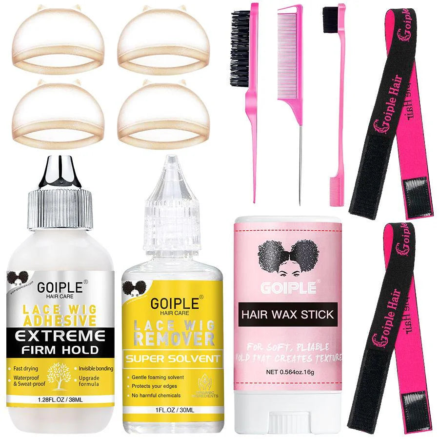 Lace Wig Install Kit with Melting Spray Lace Glue Remover Edge Control Wig Caps & Styling Tools for Beginners & Salon Use