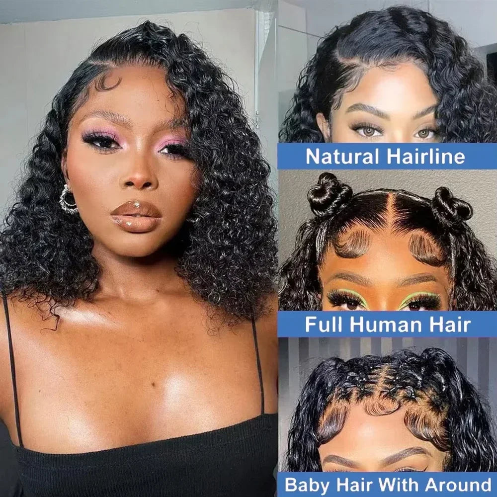 Curly Bob Wig 13x4 Transparent Lace Frontal Wig Human Hair 220% Density 12 14 Inch Pre Plucked With Baby Hair Women Remy Hair Deep Wig For Women
