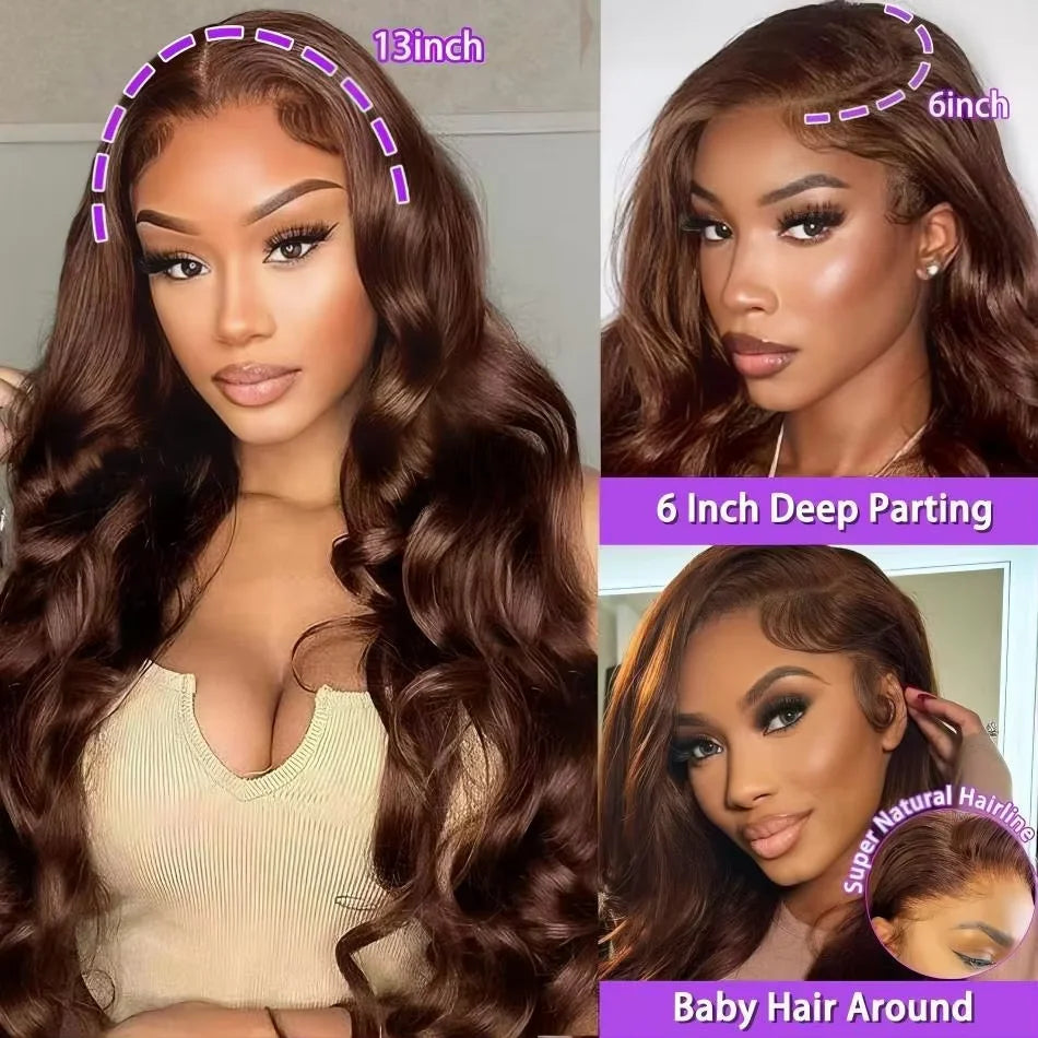 13x6 Chocolate Brown HD Lace Front Human Hair Wigs Body Wave Human Hair Wig 46 Inch 220% Density Colored Human Hair Wigs For Women