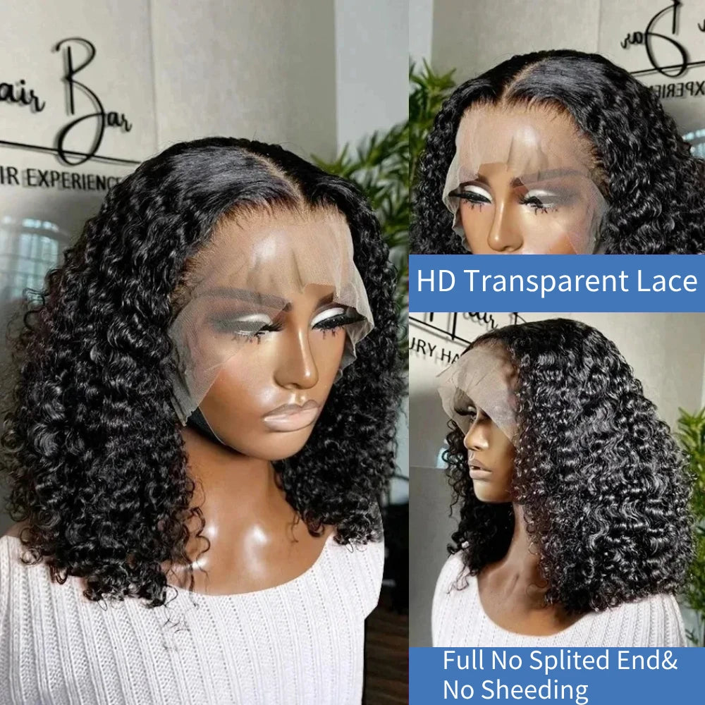 Curly Bob Wig 13x4 Transparent Lace Frontal Wig Human Hair 220% Density 12 14 Inch Pre Plucked With Baby Hair Women Remy Hair Deep Wig For Women