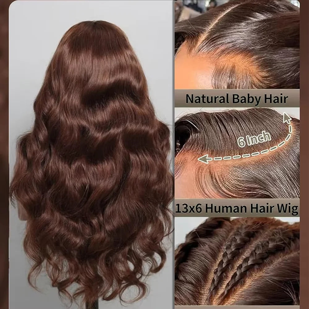13x6 Chocolate Brown HD Lace Front Human Hair Wigs Body Wave Human Hair Wig 46 Inch 220% Density Colored Human Hair Wigs For Women