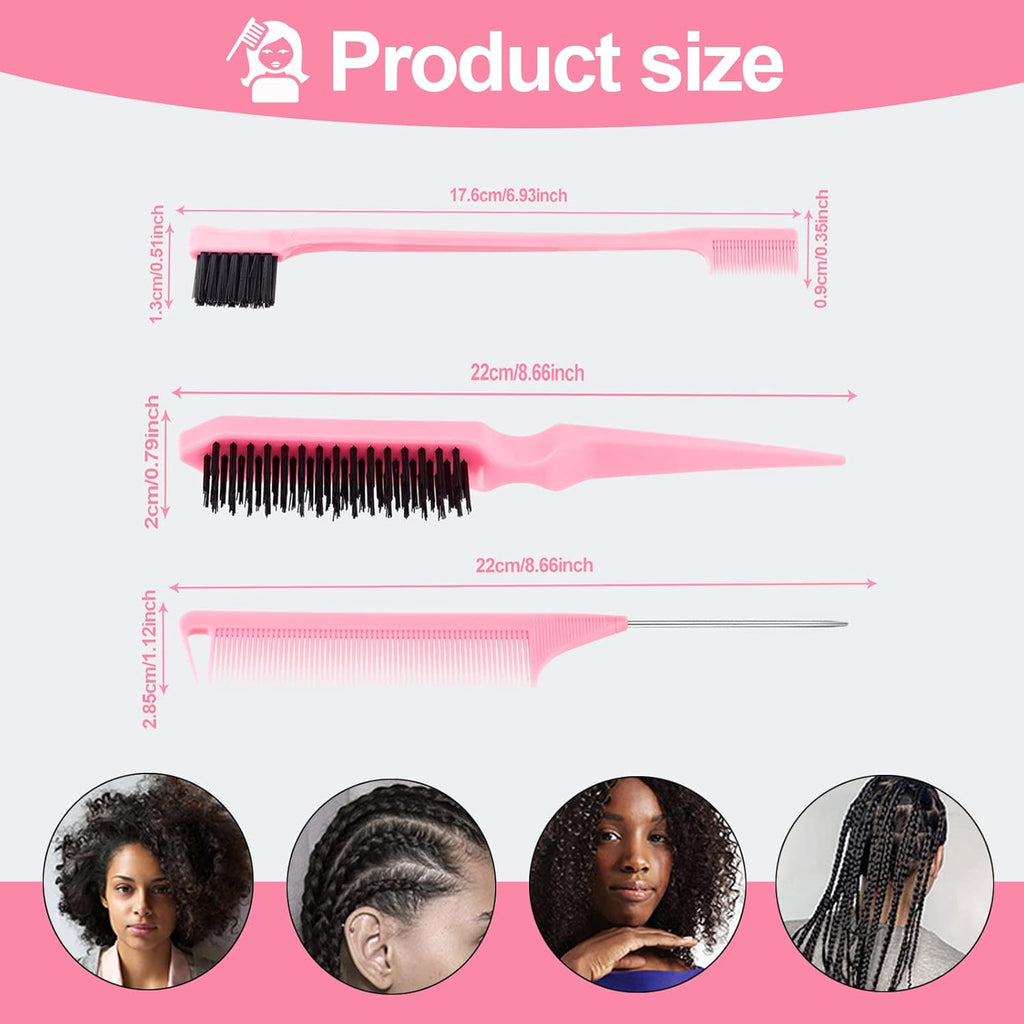 3Pcs Slick Back Hair Brush | Rat Tail Comb, Edge | Bristle Brush, Sleek Ponytail/Bun Smoothing Baby Hair & Flyaways