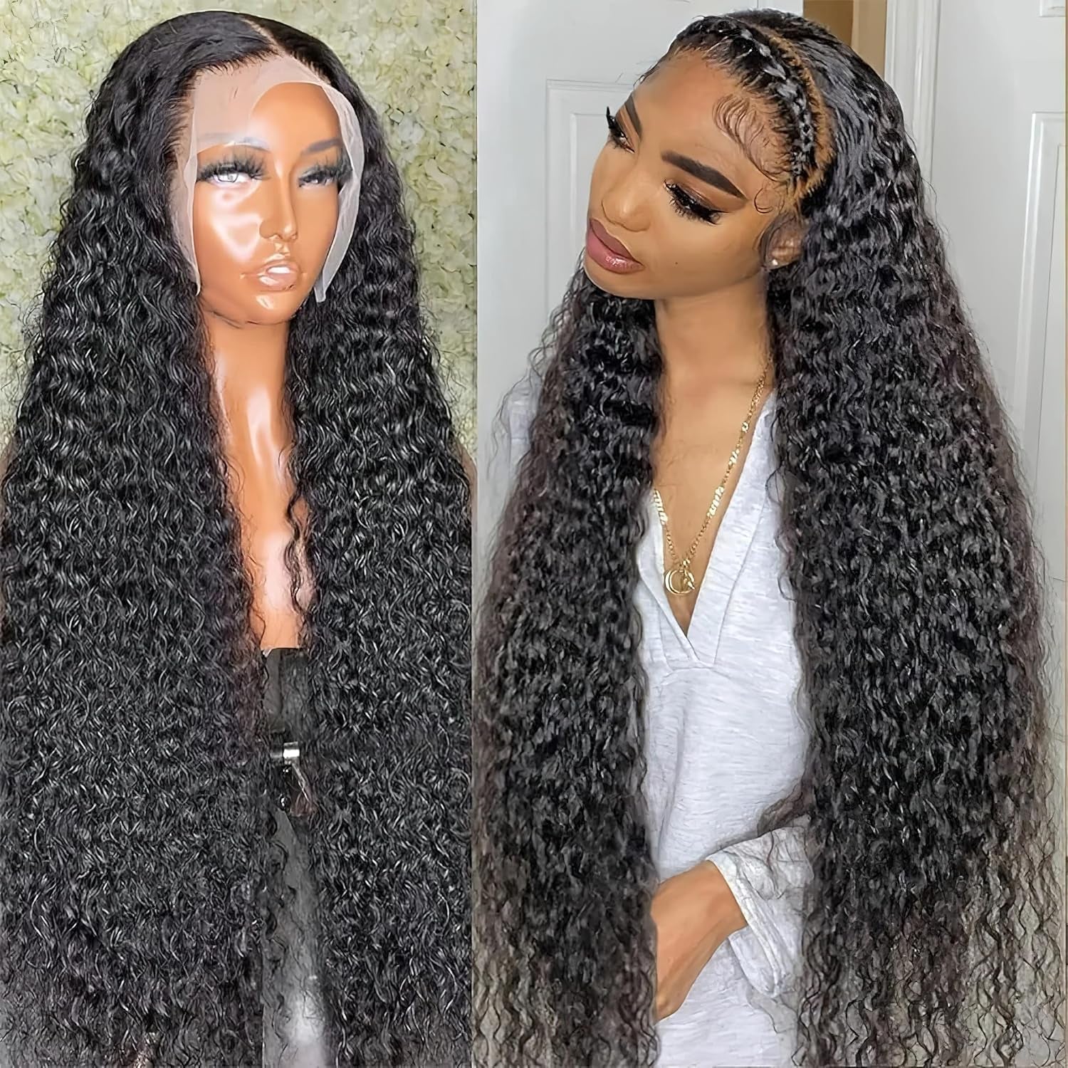 13X4 Pre Plucked Human Hair Deep Curl Real Ear to Ear Bleached Knots Glueless Water Wave Wigs with Baby Hair 28 Inch, Black