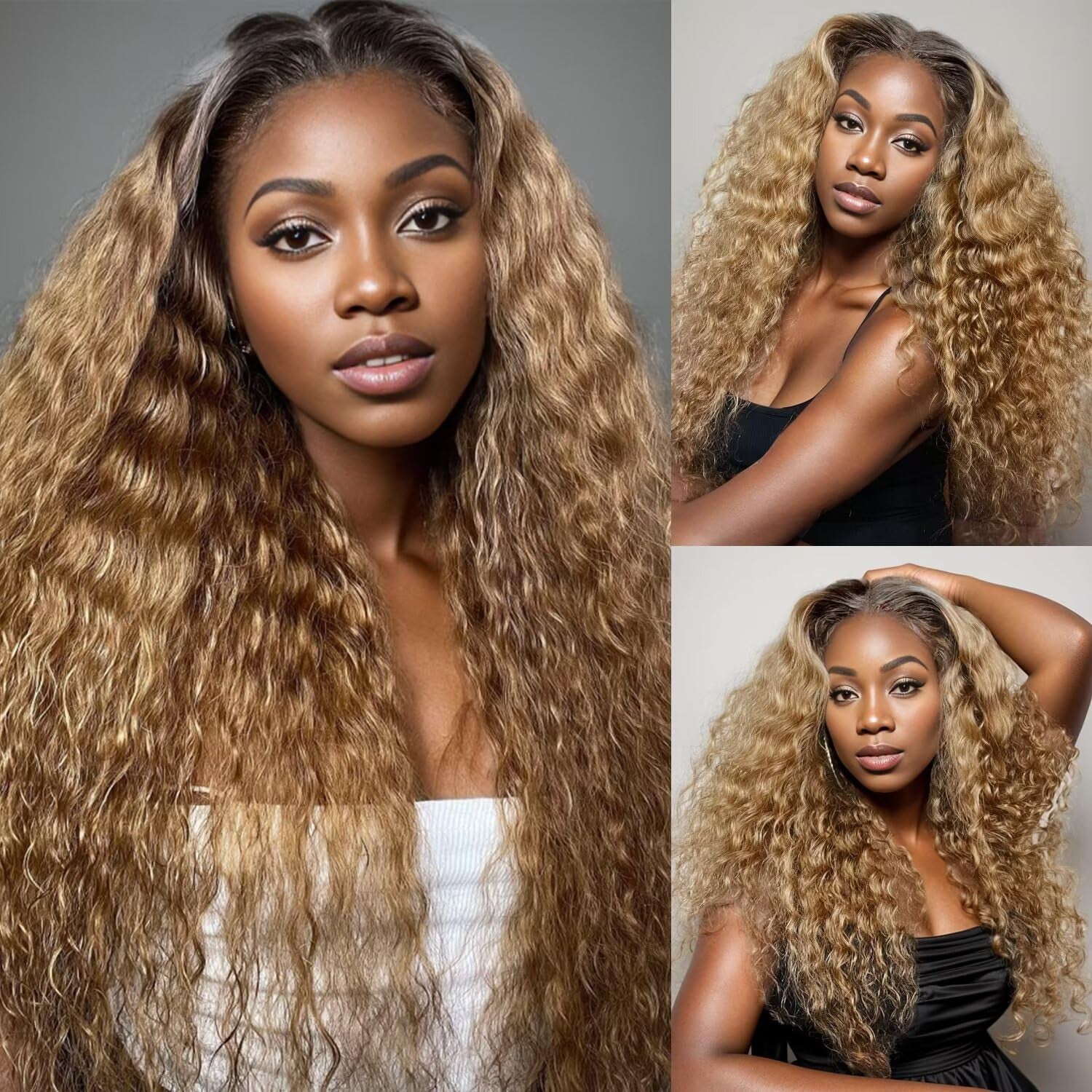 Deep Wave Human Hair Bundles Ombre Honey Blonde Bundles Human Hair 28 Inch T1B/27 Curly Bundles 10A Brazilian Virgin Wet and Wavy Human Hair Bundles Brown Water Wave Bundles 2 Tone Black to Blonde
