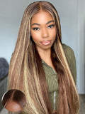 OQ Hair Glueless Wigs Human Hair Pre Plucked Pre Cut Highlight Straight 4/27 Lace Front Wigs for Women Honey Blonde 5X7 Wear and Go Glueless Wigs Human Hair 28Inch