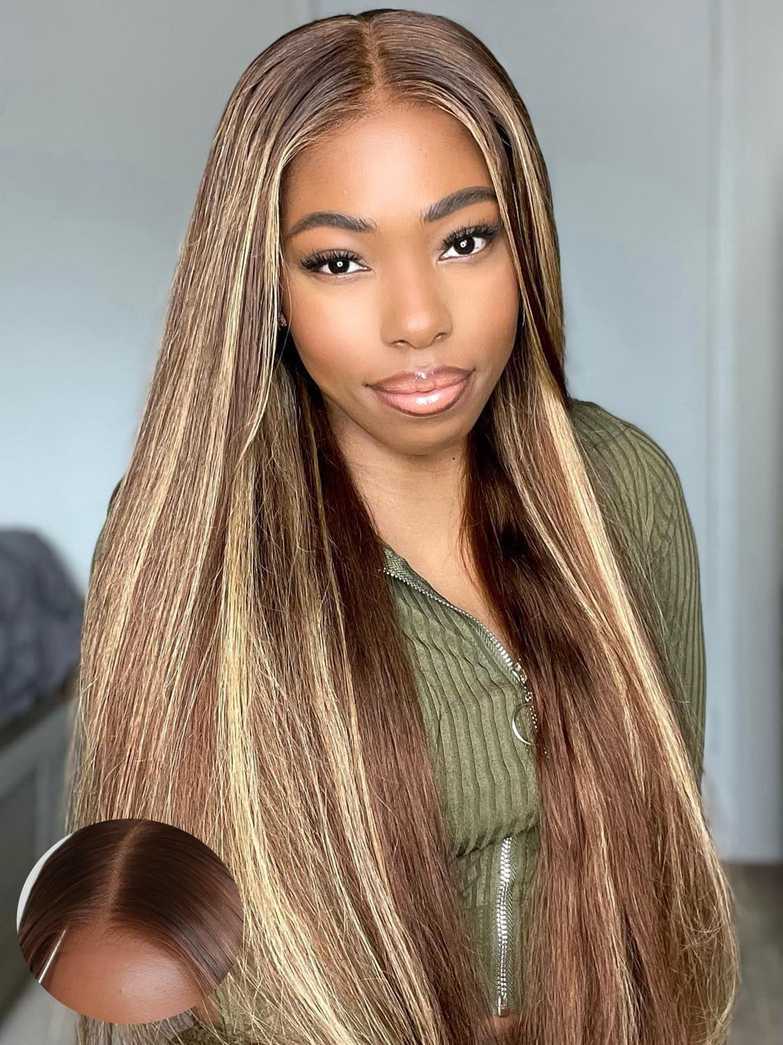 OQ Hair Glueless Wigs Human Hair Pre Plucked Pre Cut Highlight Straight 4/27 Lace Front Wigs for Women Honey Blonde 5X7 Wear and Go Glueless Wigs Human Hair 28Inch