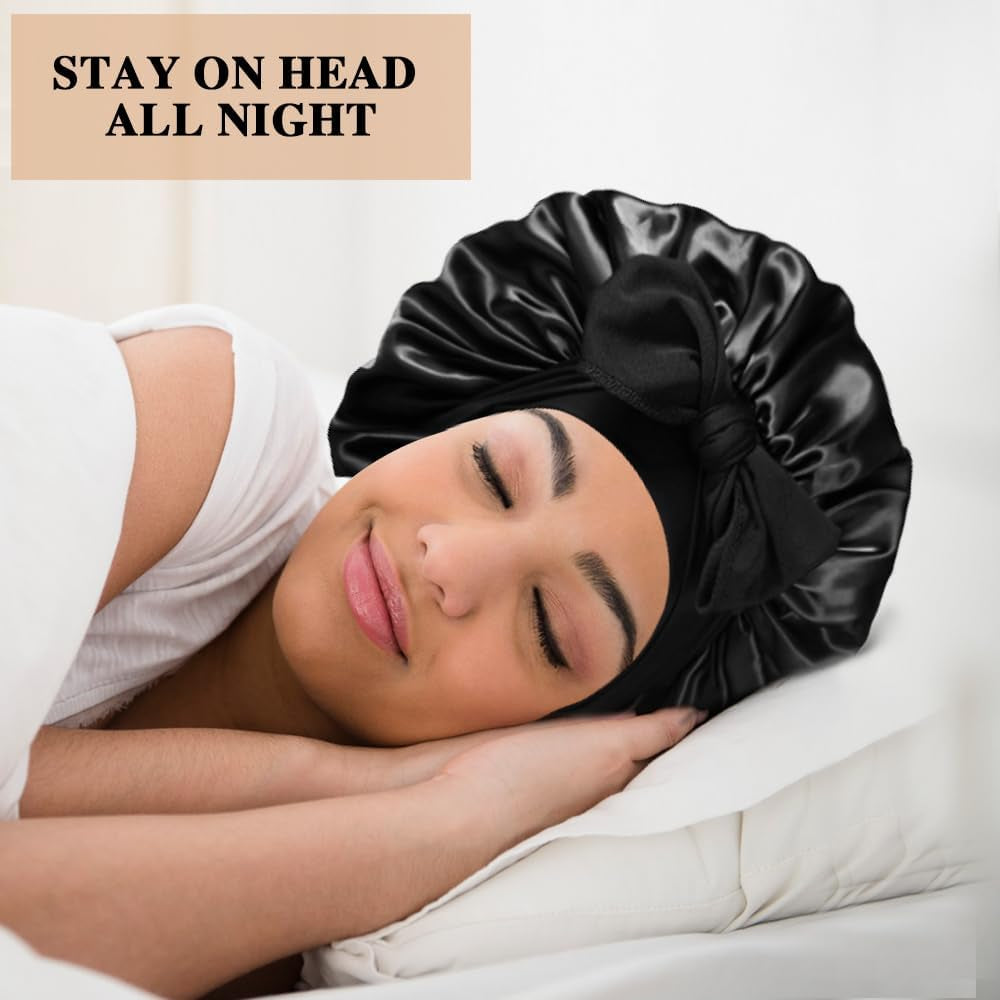 2+3 Large Satin Bonnets with Scrunchies for Women, Hair Bonnet Sleeping Tie Bonnet for Braids Curly Hair