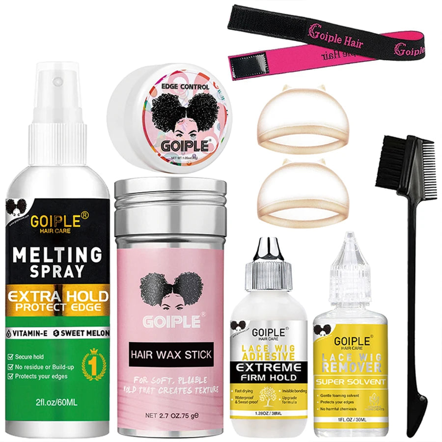 Lace Wig Install Kit with Melting Spray Lace Glue Remover Edge Control Wig Caps & Styling Tools for Beginners & Salon Use