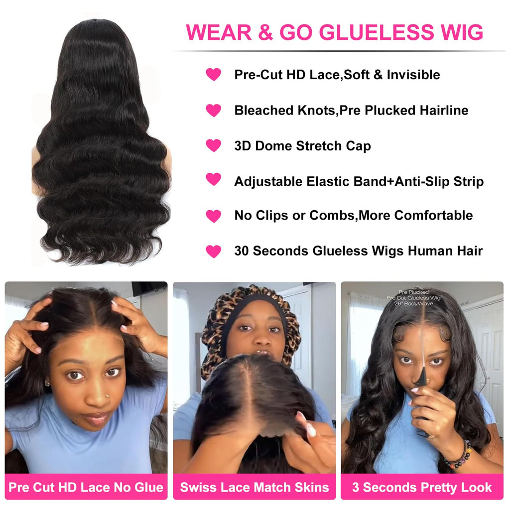 28 Inch Wear and Go Glueless Wigs Human Hair Pre Plukced Pre Cut 5X5 Hd Lace Closure Wigs Human Hair for Women 180% Density Ready to Wear Glueless Body Wave Lace Front Wigs No Glue Wigs