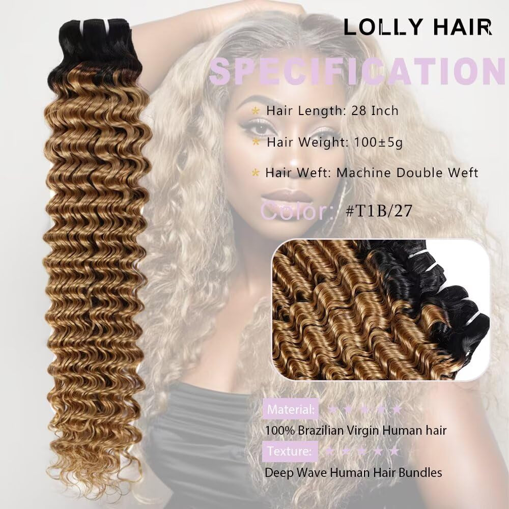 Deep Wave Human Hair Bundles Ombre Honey Blonde Bundles Human Hair 28 Inch T1B/27 Curly Bundles 10A Brazilian Virgin Wet and Wavy Human Hair Bundles Brown Water Wave Bundles 2 Tone Black to Blonde