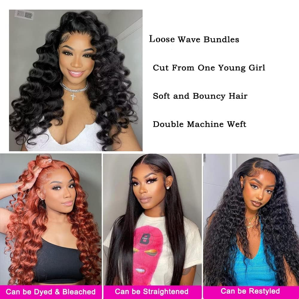 Loose Wave Bundles (26 28 30In) Human Hair Bundles Loose Deep Wave 3 Bundles 10A Grade Brazilian Hair Bundles 100% Unprocessed Bundles Long Loose Weave Human Hair Bundles Human Hair
